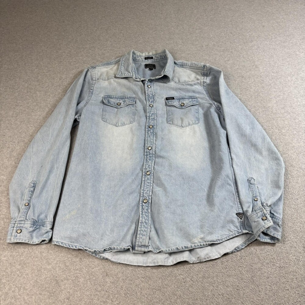 Guess Shirt Mens Large Blue Light Wash Denim Western Snap Shacket Boho Rock Y2K